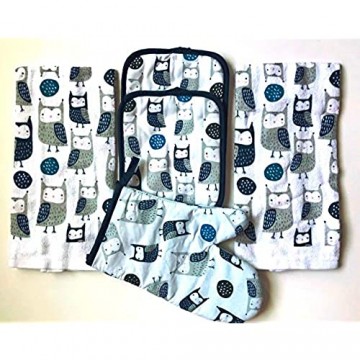 Mainstay 5 Piece Kitchen Set Includes 2 Kitchen Towels 1 Pot Holders 2 Oven Mitts (Kitchen Owls)