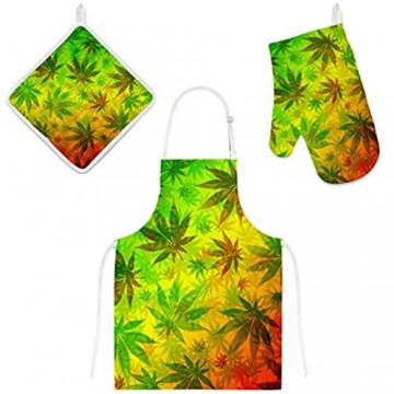 My Daily Kochschürze mit Taschen Ofenhandschuh und Topflappen-Set Marihuana-Cannabisblätter bunt verstellbare Schürze Mikrowellen-Handschuh Topflappen 3-teiliges Set