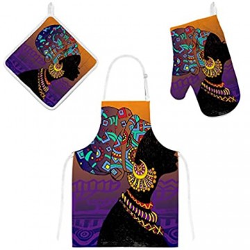 My Daily Kochschürze mit Taschen Ofenhandschuh und Topflappen Set schöne afrikanische Frau verstellbare Schürze Mikrowellen-Handschuh Topflappen 3-teilig Küchengeschenk-Set