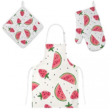 My Daily Küchenschürze mit Taschen Ofenhandschuh und Topflappen Set Erdbeer-Wassermelone verstellbare Kochschürze Mikrowellen-Handschuh Topflappen 3-teilig
