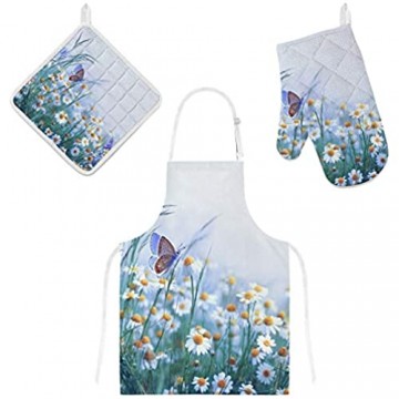 My Daily Küchenschürze mit Taschen Ofenhandschuh und Topflappen Set Kamille Blumen Schmetterling verstellbare Kochschürze Mikrowellen-Handschuh Topflappen 3 Stück
