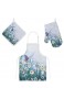 My Daily Küchenschürze mit Taschen Ofenhandschuh und Topflappen Set Kamille Blumen Schmetterling verstellbare Kochschürze Mikrowellen-Handschuh Topflappen 3 Stück