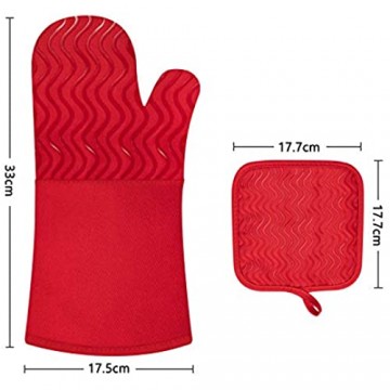 eletecpro Ofenhandschuhe 2 Topflappen und 1 Paar Topfhandschuhe Hitzebeständige Silikon und Baumwolle Handschuhe zum Küche Kochen Backen Grillen Rot
