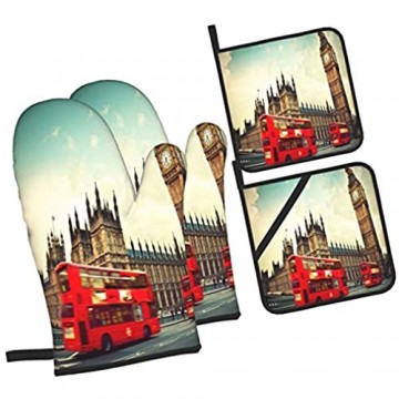 Ofenhandschuhe und Topflappen 4er-Sets London Der britische rote Bus in Bewegung und Big Ben der Palast von Westminster Handschuhe mit widerstandsfähigen heißen Pads zum Kochen Kochen Backen Grillen