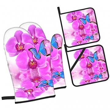 Ofenhandschuhe und Topflappen 4er-Sets Schöne lila Orchidee mit Schmetterlingen Morpho Reflexion auf Wasserspiegel BBQ-Handschuhe mit Quilted Liner Resistant Hot Pads zum Kochen in der Küche Backen