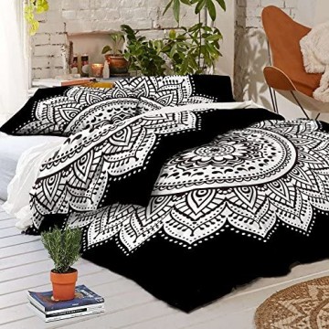Labhanshi Exklusiver schwarz-weißer Mandala-Bettbezug mit Kissenbezügen Mandala-Bettwäsche Mandala-Bettdecke Schlafzimmerdekoration Boho-Deckenbezug