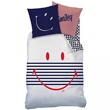 Smiley Bettbezug und Kissenbezug Marineblau 100% Baumwolle Weiß weiß 140 x 200 cm