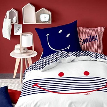 Smiley Bettbezug und Kissenbezug Marineblau 100% Baumwolle Weiß weiß 140 x 200 cm