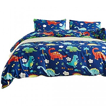 2 Teilige Microfaser Bettwäsche Dinosaurier Jungen Mädchen Blau Bettwäsche Set Bettbezug Dino 135 x 200 cm mit Reißverschluss und Kissenbezug 80 x 80 cm