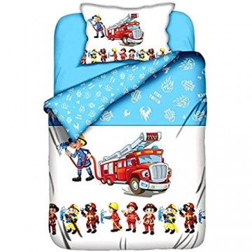 Aminata Kids Kinderbettwäsche 100x135 Junge Jungen Feuerwehr-Auto Feuerwehr-Mann-Motiv Baumwolle Kinder-Baby-Bettwäsche-Set hell-blau weiß bunt & rot Reißverschluss