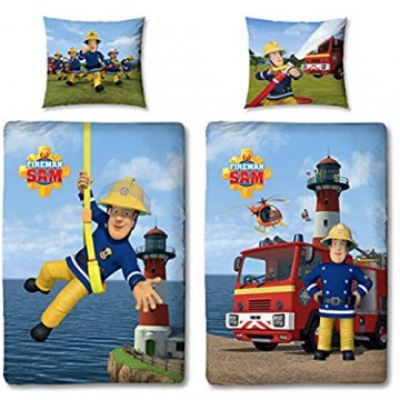 Character World Wende Bettwäsche-Set Feuerwehrmann Sam 100 x 135 cm 60 x 40 cm 100% Baumwolle Linon 2 Motive auf Einer Bettwäsche Reißverschluss