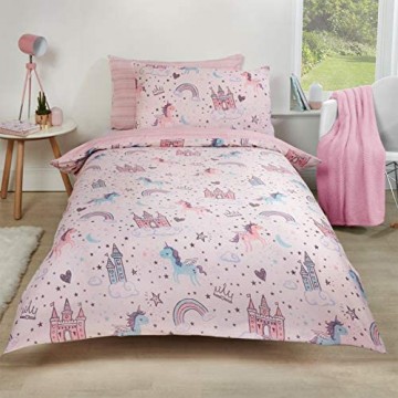 Dreamscene Unicorn Kingdom-Bettwäsche-Set Einzelbett Polycotton Polyester 50% Baumwolle Blush Pink UNICKING01