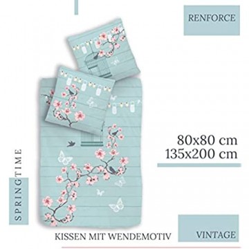Schmetterling-e Vintage Bettwäsche Set 2 teilig türkis Mint · Mädchen-Bettwäsche · Vogel Schmetterling & Blumen - Kissenbezug 80x80 + Bettbezug 135x200 cm - 100% Baumwolle