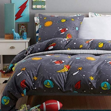 Boqingzhu Bettwäsche 135x200cm Weltall Weltraum Rakete Jungen Kinder Grau Kinderbettwäsche Set Bettbezug und Kissenbezug 80x80cm mit Reißverschluss