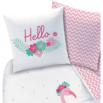 FLAMINGO Bettwäsche Set · HELLO · Trendiger Flamingo Vogel / Tropical Blumen · Wende Motiv · rosa türkis - Kissenbezug 80x80 + Bettbezug 135x200 cm - 100% Baumwolle
