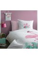 FLAMINGO Bettwäsche Set · HELLO · Trendiger Flamingo Vogel / Tropical Blumen · Wende Motiv · rosa türkis - Kissenbezug 80x80 + Bettbezug 135x200 cm - 100% Baumwolle