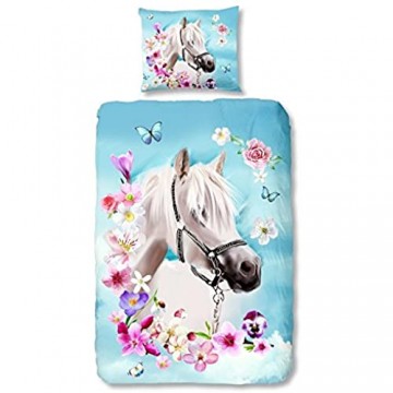 Good morning 4924-P 135cm bettwäsche mit Kissenbezug weißes Pferd 100 Prozent Baumwolle mehrfarbig 200 x 135 x 0 5 cm