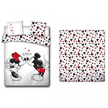 LesAccessoires Mickey & Minnie Bettwäsche-Set Bettbezug 240 x 220 cm + 2 Kissenbezug + Spannbettlaken 160 x 200 cm 100% Baumwolle