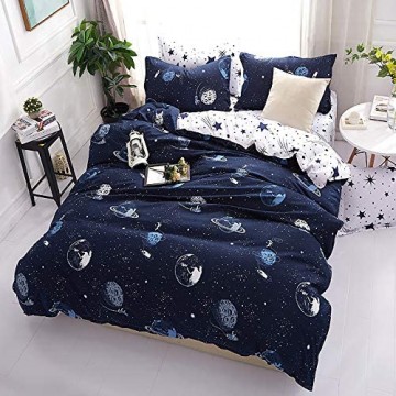 Omela Bettwäsche Planeten 135x200 Kinder Jungen Sterne Weltraum Universum Blau Weiß Wendemotiv Kinderbettwäsche Set Bettbezug und Kissenbezug 80x80 cm Reißverschluss
