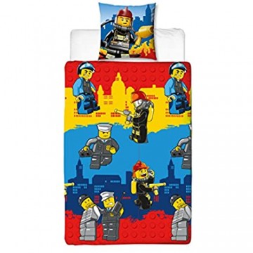 Wende Linon Kinder Bettwäsche Lego City 135 x 200cm + 80 x 80cm - 100% Baumwolle - Feuerwehr - Polizei - deutsche Größe