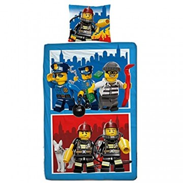 Wende Linon Kinder Bettwäsche Lego City 135 x 200cm + 80 x 80cm - 100% Baumwolle - Feuerwehr - Polizei - deutsche Größe